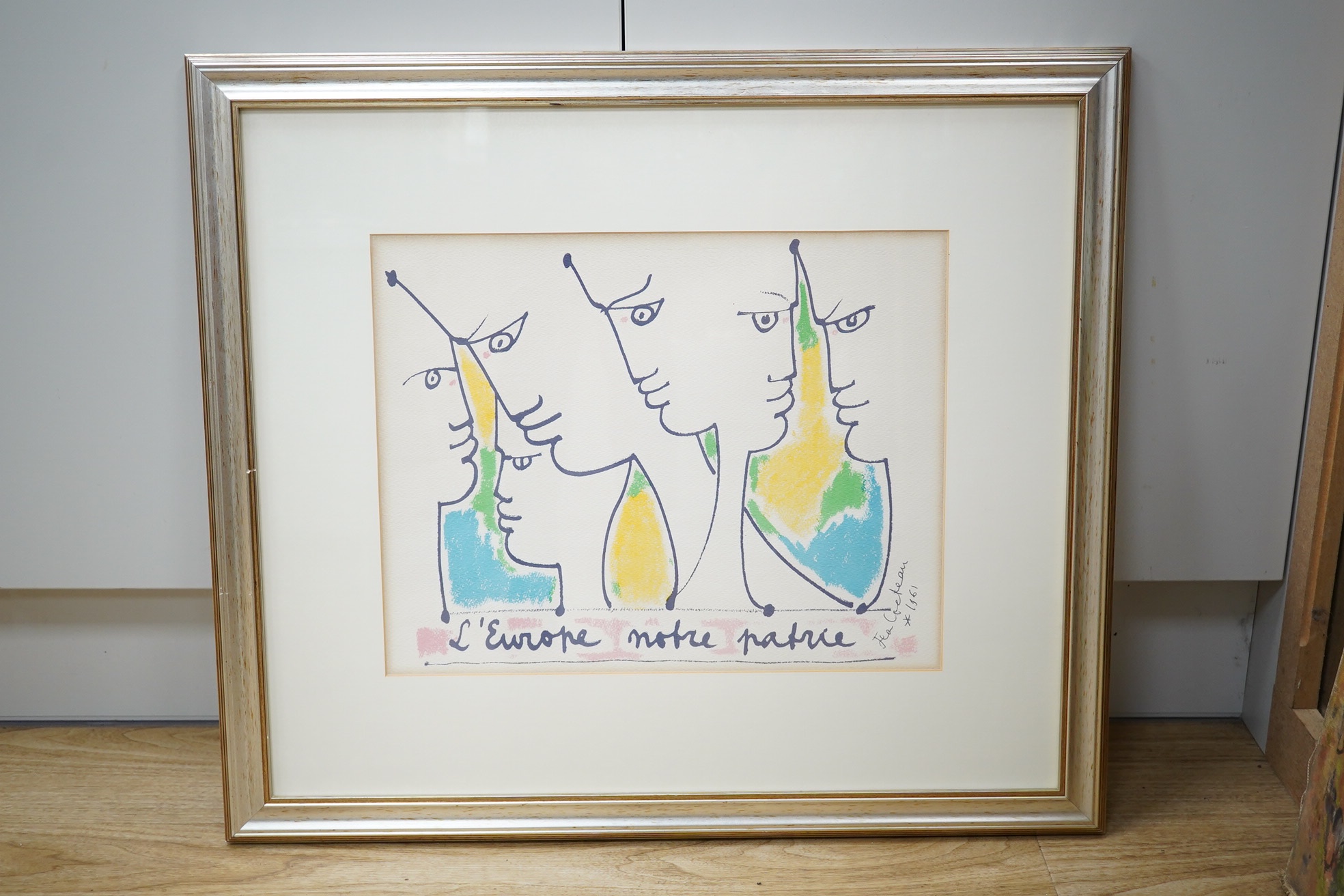 Jean Cocteau (French, 1889-1963), colour lithograph, L'Europe Notre Patrie, signed and dated 1961 in the plate, 31 x 39cm. Condition - fair